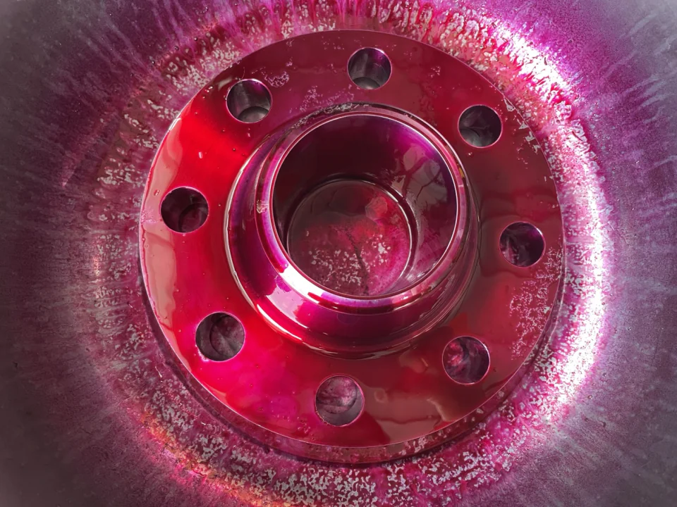 Titanium flange during red dye penetrant testing
