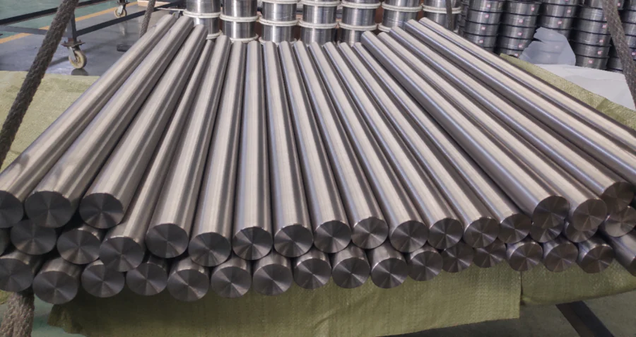 Solid titanium round bars grouped for workshop handling
