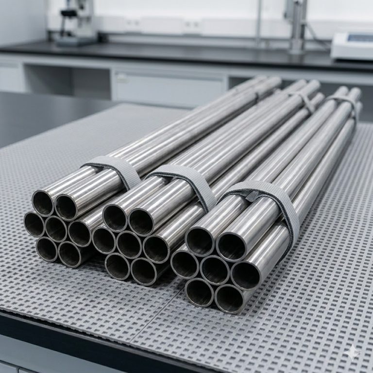 Close-up view of multiple titanium welded pipes arranged in a perfect hexagonal pattern, clearly displaying smooth inner and outer surfaces with excellent roundness and weld integrity for demanding applications.
