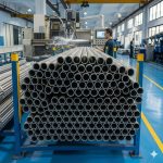 Automated packaging of seamless 1.5 inch titanium tubing bundles in high-tech manufacturing facility ensuring quality and protection