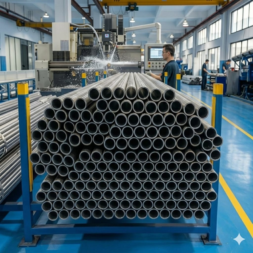 Automated packaging of seamless 1.5 inch titanium tubing bundles in high-tech manufacturing facility ensuring quality and protection