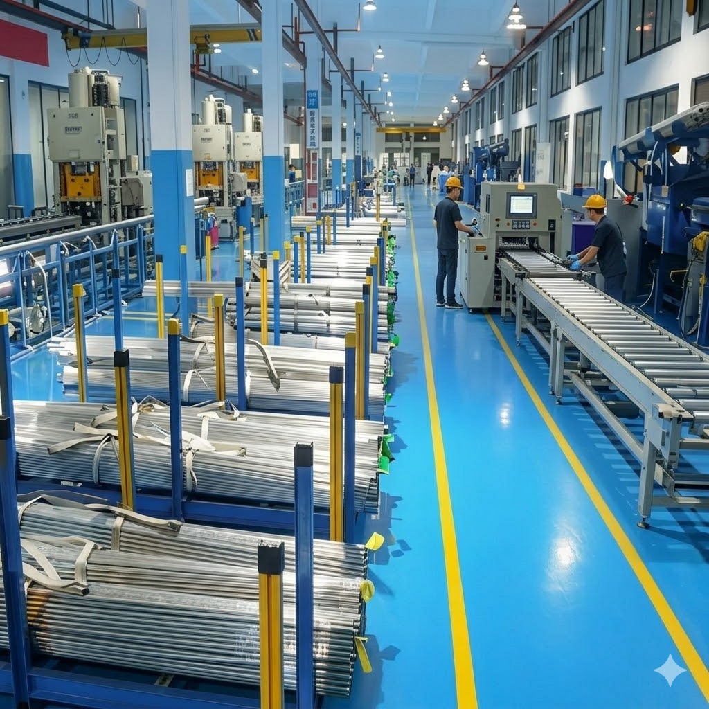 Modern titanium tubing production line with 1.5 inch tubes organized on racks in clean factory workshop for industrial applications