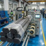 Bundles of precision 1.5 inch titanium tubing stacked in manufacturing workshop with CNC machining and cooling process