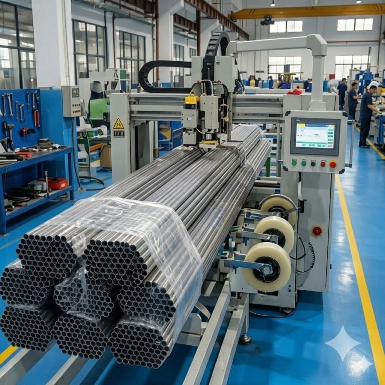 Bundles of precision 1.5 inch titanium tubing stacked in manufacturing workshop with CNC machining and cooling process