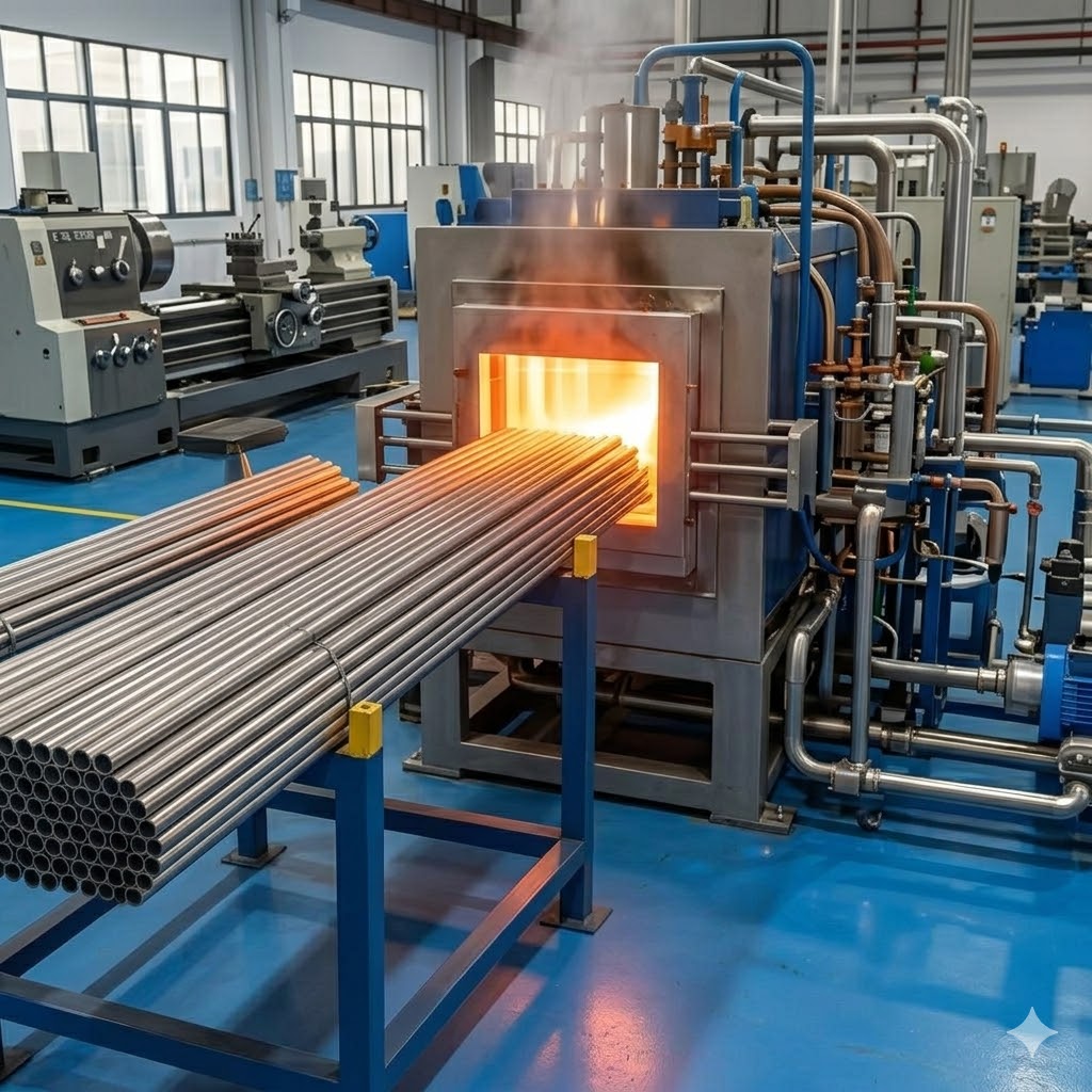 1.5 inch titanium tubing undergoing high-temperature annealing in industrial heat treatment furnace for enhanced strength and corrosion resistance