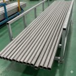 Bundles of silver titanium welded pipes securely strapped with gray bands on a laboratory workbench, highlighting uniform diameter and professional quality control for distributors and brand owners.