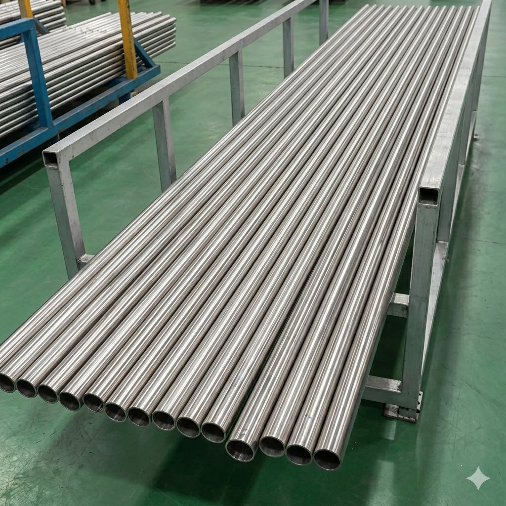 Bundles of silver titanium welded pipes securely strapped with gray bands on a laboratory workbench, highlighting uniform diameter and professional quality control for distributors and brand owners.