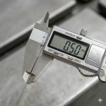 Digital caliper precisely measuring 0.50mm thin titanium wire showing tight dimensional tolerance and accuracy