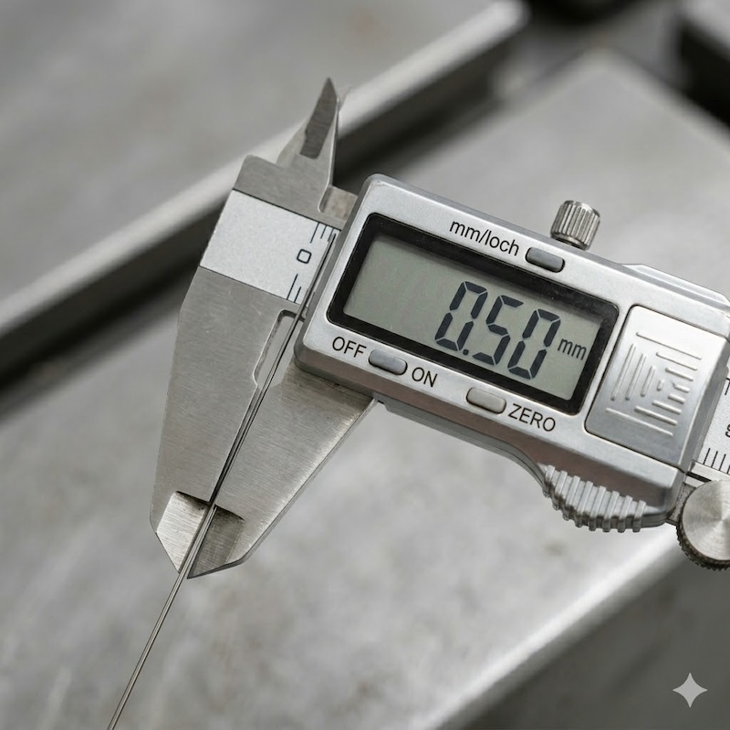 Digital caliper precisely measuring 0.50mm thin titanium wire showing tight dimensional tolerance and accuracy