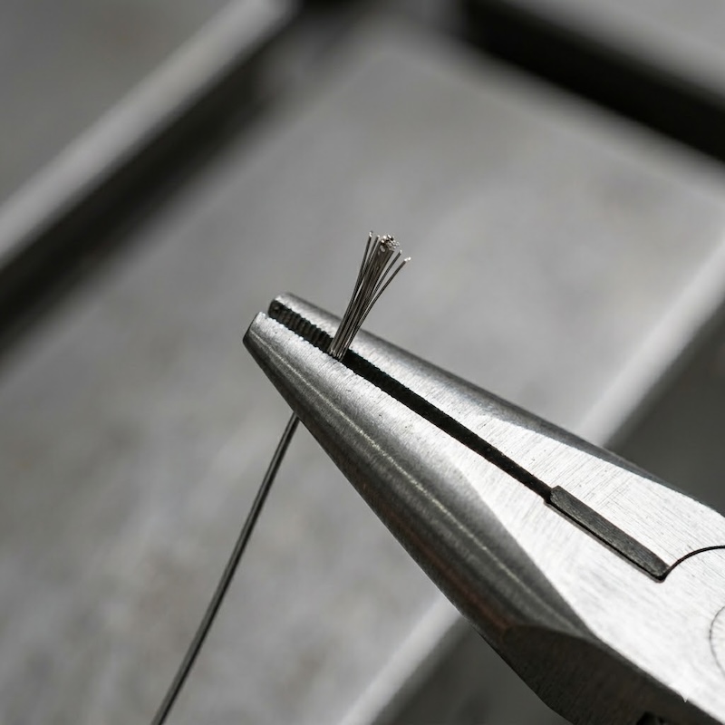 Close-up of ultra-thin titanium wire held by pliers, showcasing exceptional thinness and strength for aerospace and medical applications
