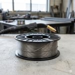 Professional grade titanium MIG welding wire on spool in modern workshop environment, highlighting product quality for aerospace and industrial use
