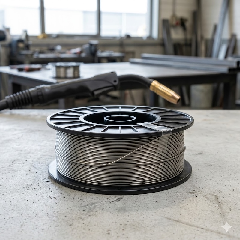 Professional grade titanium MIG welding wire on spool in modern workshop environment, highlighting product quality for aerospace and industrial use
