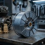 High-purity thermal spray titanium wire on large industrial spool, silver metallic GR1 GR2 wire for aerospace and industrial coatings, professional workshop product photography