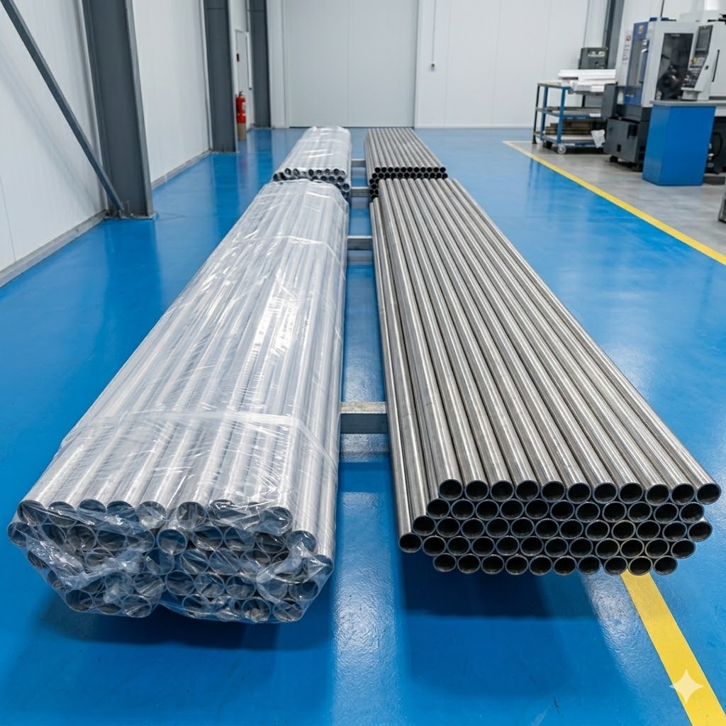 Large bundles of titanium welded pipes, one wrapped in protective plastic film and the other neatly strapped, ready for shipment in a spacious factory with blue flooring, emphasizing reliable packaging and logistics for global distributors.