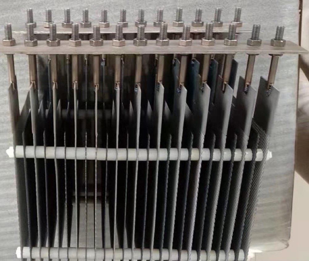 Coated titanium electrode plate assembly with titanium hangers
