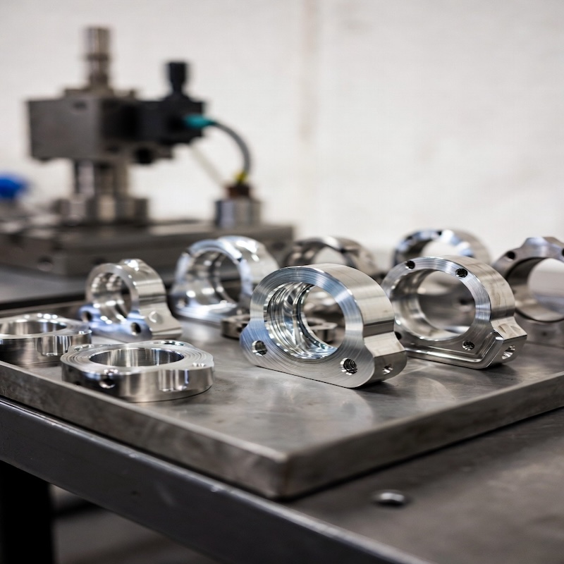 batch of finished titanium CNC precision components neatly arranged in workshop