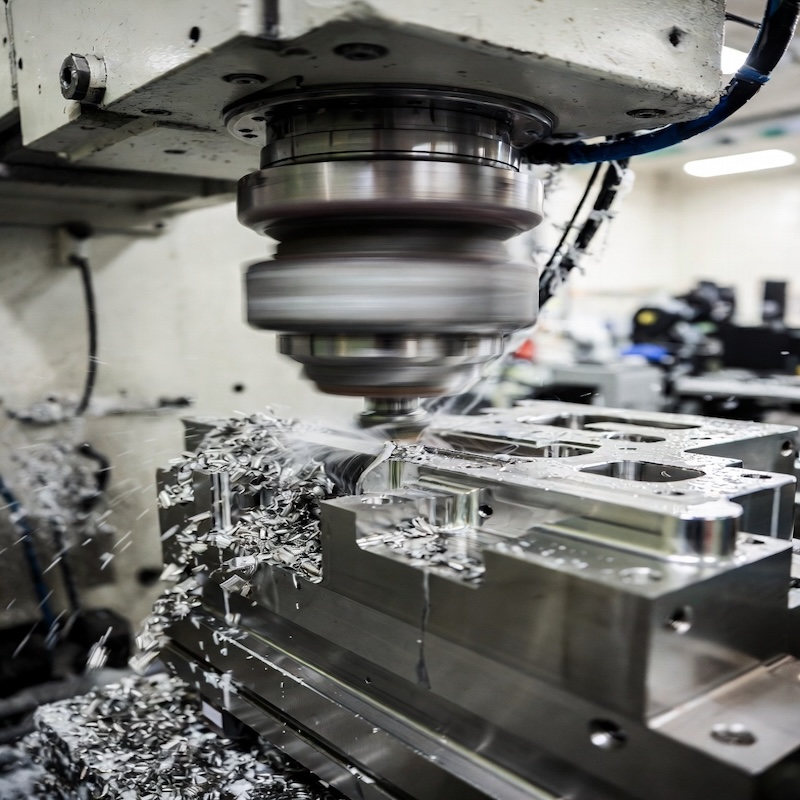 5-axis CNC milling process on titanium precision part with coolant in action