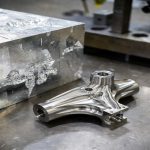 raw titanium block beside completed high-precision machined component in factory