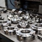 close-up of custom titanium precision machined parts with complex geometries in factory