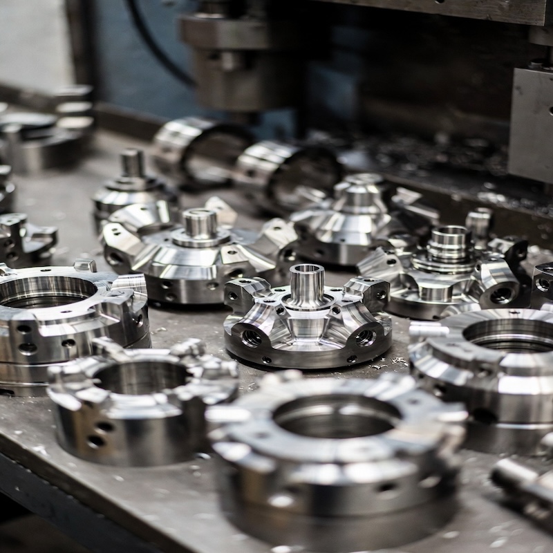 close-up of custom titanium precision machined parts with complex geometries in factory