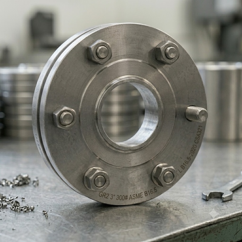 GR2 Titanium Flange assembled with bolts - 3 inch 300# ASME B16.5 Grade 2 titanium flange demonstrating installation readiness"