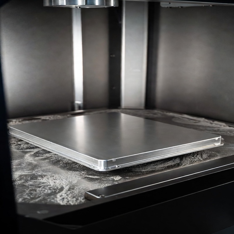 Titanium build plate installed in industrial metal 3D printer platform ready for Ti6Al4V powder printing