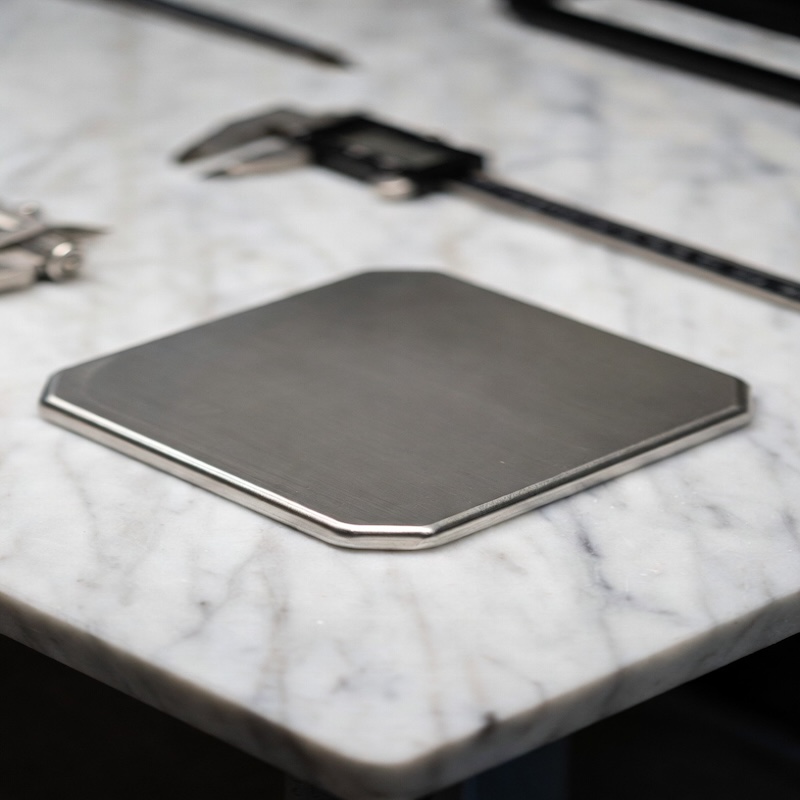 Titanium build plate on marble inspection platform verifying high flatness and precision quality for 3D printing