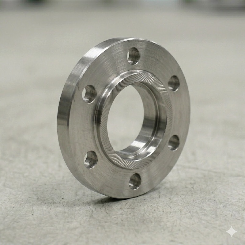 Titanium slip-on flange seen from above at an angle, showing the serrated face finish and the open bore