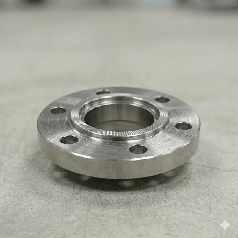 Titanium flange lying face up, showing the raised face and the bolt hole pattern