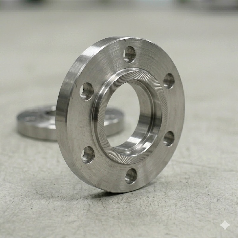 Close-up side angle of a titanium weld neck flange with detailed raised face and machined edges, high precision titanium flange