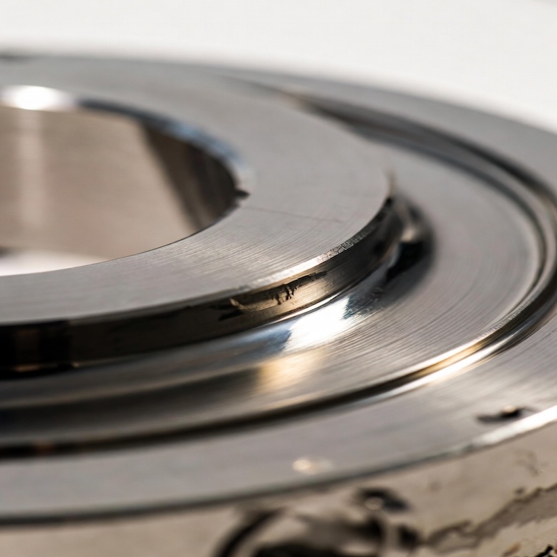 Close-up of the machined raised face of a titanium flange, showing the concentric finish grooves