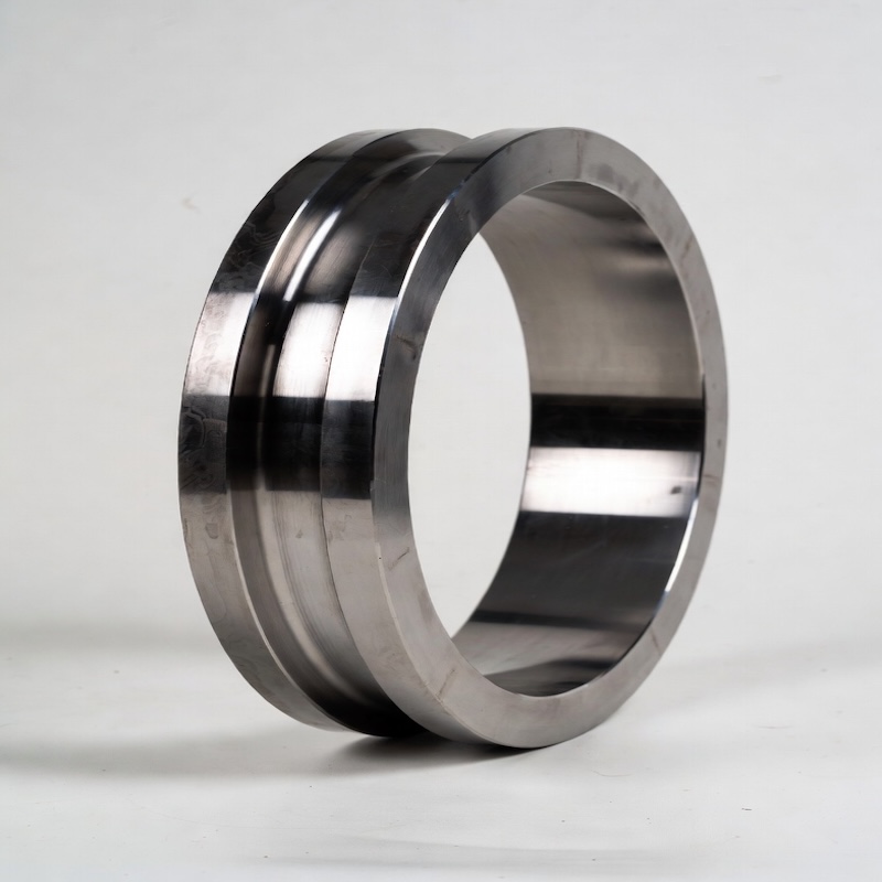 Forged titanium ring with a machined outside diameter, standing on edge