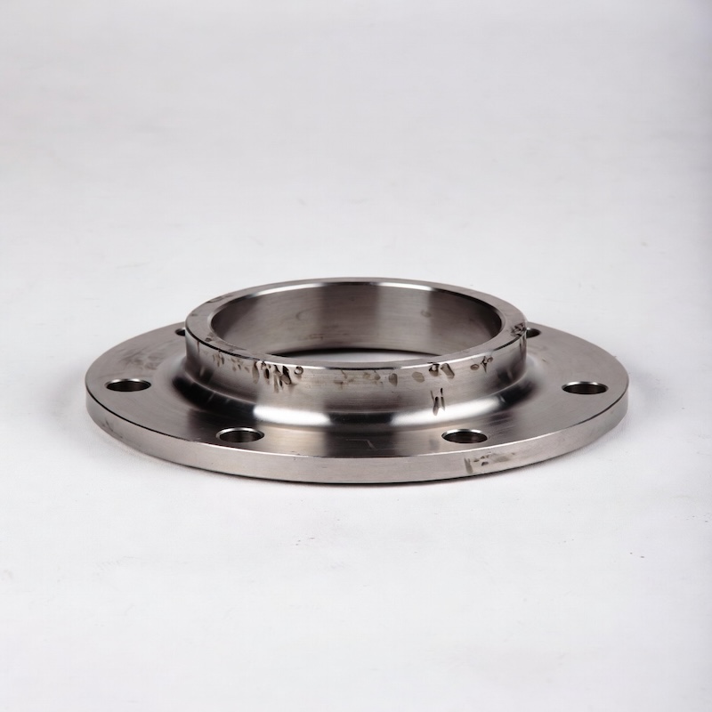 Single titanium weld neck flange centered on white background, showing neck height and bolt holes, high-performance titanium pipe flange