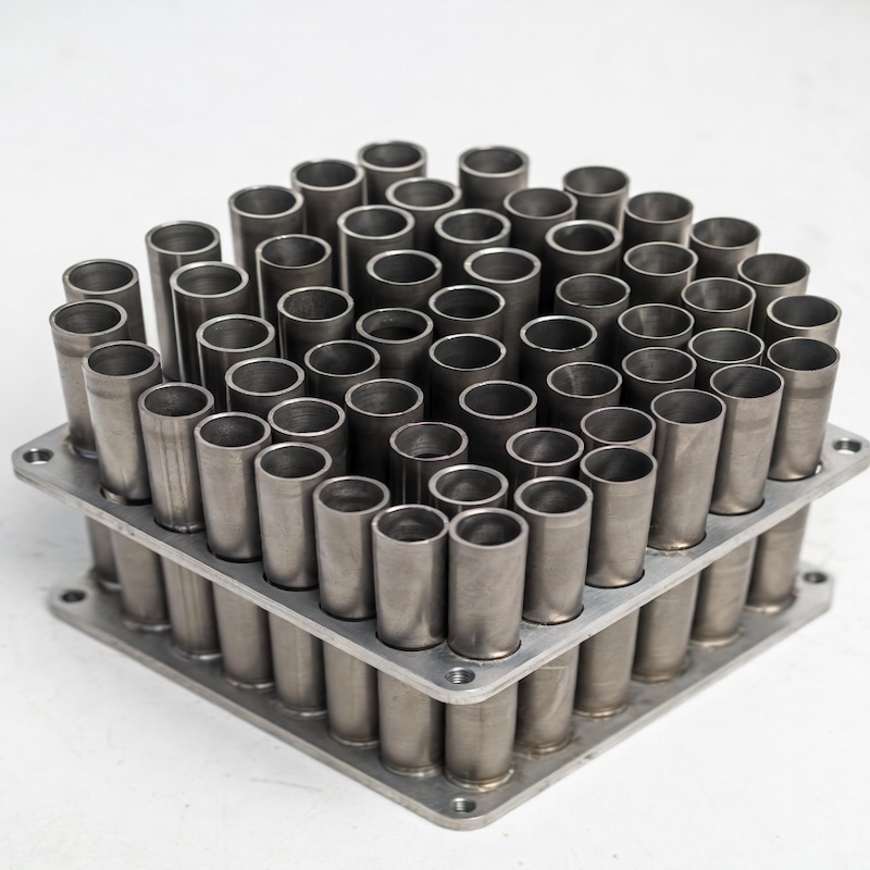 Close-up of titanium tube bundle and tube sheet in shell and tube heat exchanger, precision arranged titanium tubes, high performance heat transfer design