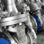 corrosion resistant titanium valve flange connection close-up showing precision machining and metallic surface