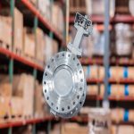 Titanium butterfly valve with a lever handle, seen from the disc face