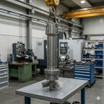 Large titanium agitator shaft with propeller impeller suspended in factory workshop, demonstrating size and heavy-duty industrial application