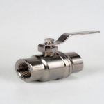Corrosion resistant titanium ball valve with lever handle and threaded ends, precision machined Gr2 titanium body in clean studio setting