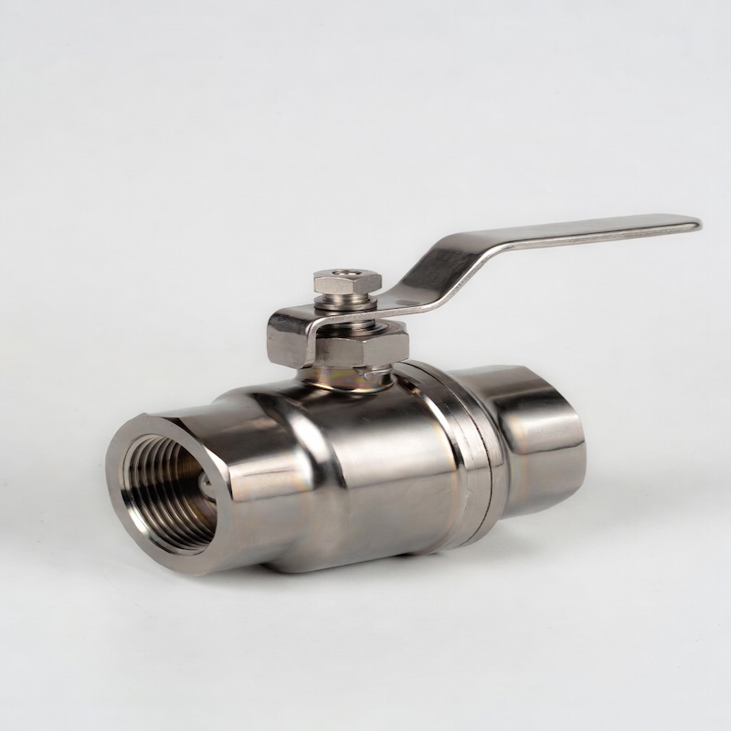 Corrosion resistant titanium ball valve with lever handle and threaded ends, precision machined Gr2 titanium body in clean studio setting