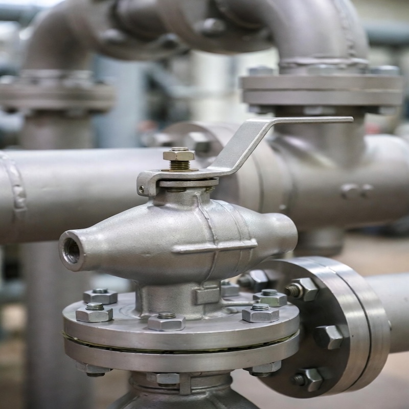 Corrosion resistant titanium ball valve installed in industrial chemical pipeline, demonstrating real-world application in corrosive environments