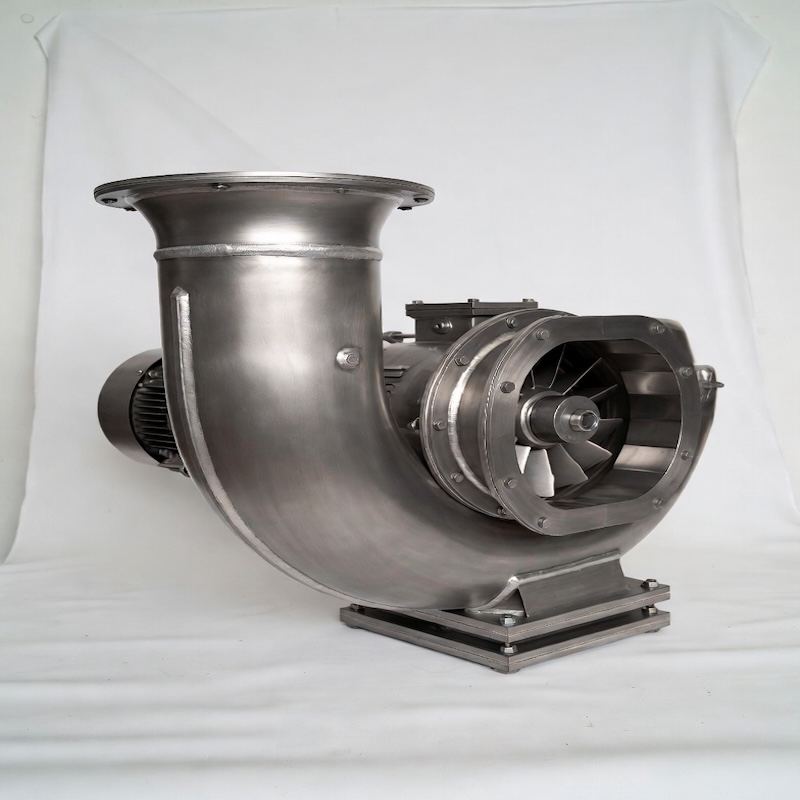 Industrial titanium centrifugal blower Gr2 full view with motor and sturdy base, corrosion resistant chemical fan
