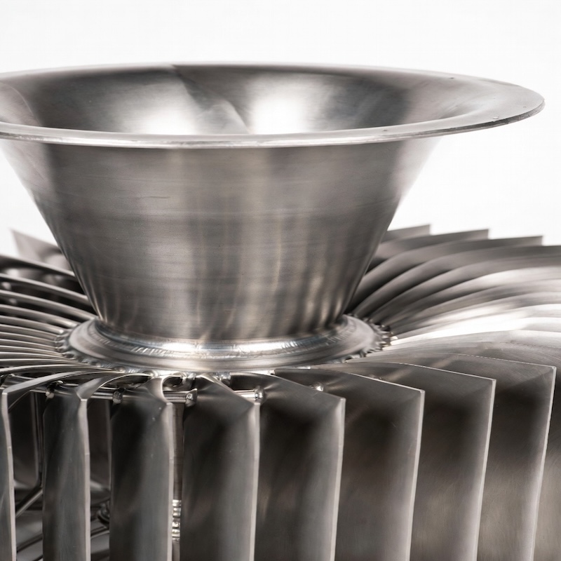Close-up of titanium impeller and inlet cone on industrial titanium blower, showing precision manufacturing and corrosion resistant design