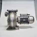 Titanium centrifugal blower with volute casing coupled to its drive motor on a base frame