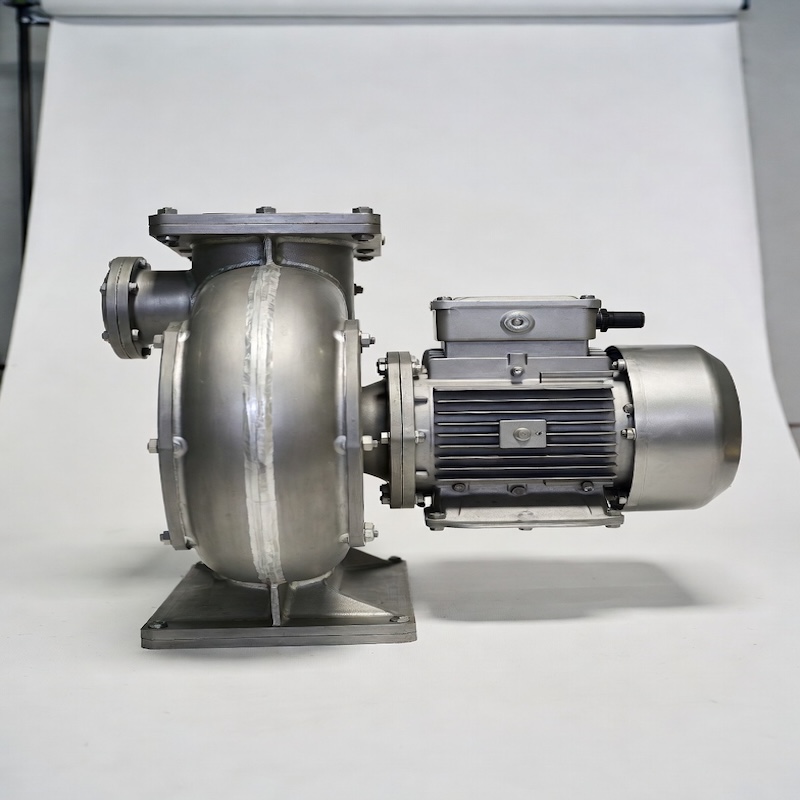Titanium centrifugal blower with volute casing coupled to its drive motor on a base frame