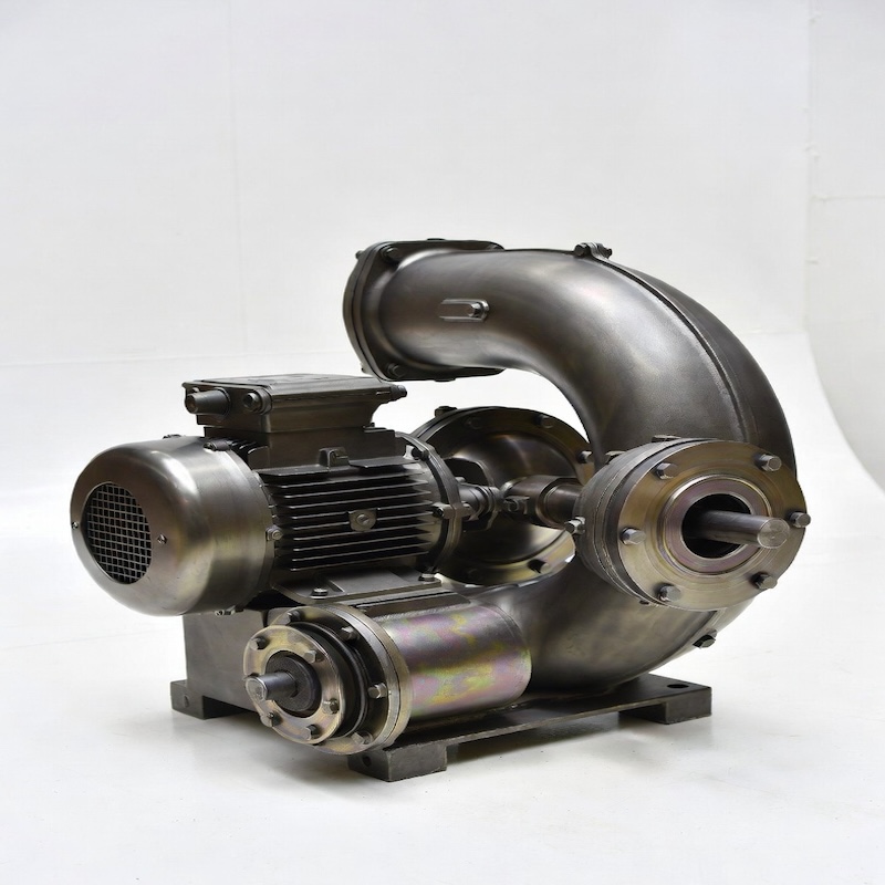 Side view of heavy duty titanium blower highlighting motor, shaft seal and robust titanium volute casing