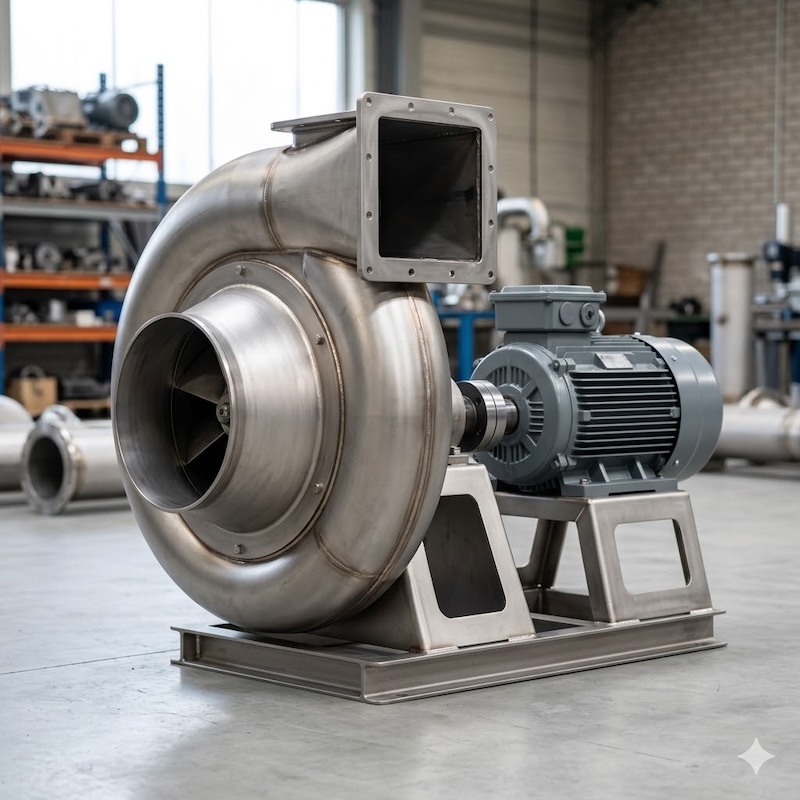 Industrial titanium blower installed in workshop setting, showing large inlet and corrosion resistant titanium construction