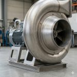 Detailed side view of titanium centrifugal blower focusing on volute housing, impeller inlet and heavy duty base
