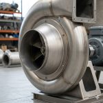 Titanium industrial blower on factory floor, displaying full assembly with motor and reinforced mounting base