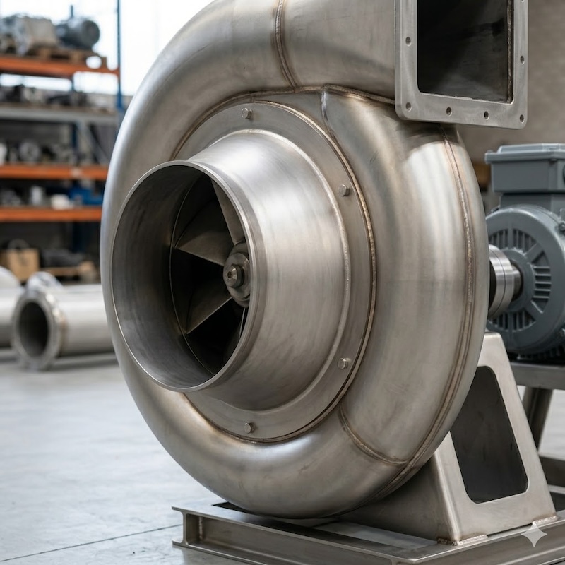 Titanium industrial blower on factory floor, displaying full assembly with motor and reinforced mounting base