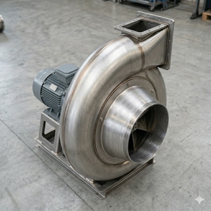 Front view of titanium blower impeller and housing, showcasing precision balanced fan blades and titanium construction